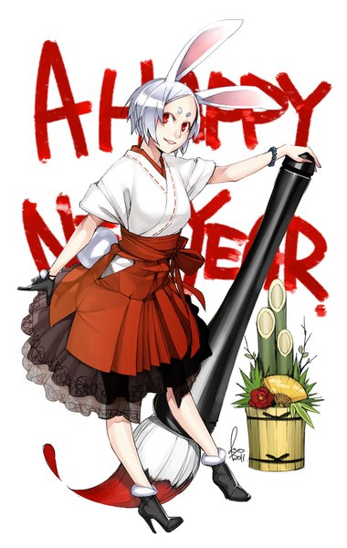 Anime picture 1110x1749 with original kyo (kuroichigo) single tall image short hair smile red eyes animal ears tail traditional clothes japanese clothes inscription high heels bunny ears calligraphy girl gloves bracelet single glove paintbrush
