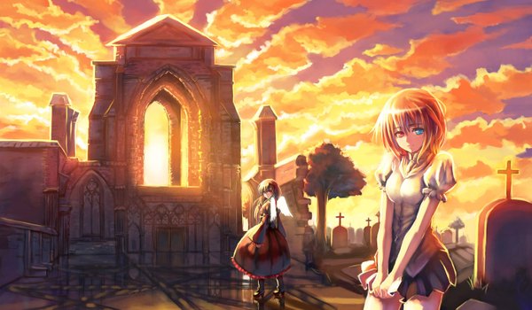 Anime picture 1402x818 with bryanth short hair blue eyes red eyes brown hair wide image multiple girls sky red hair heterochromia city evening sunset girl dress skirt 2 girls wings boots