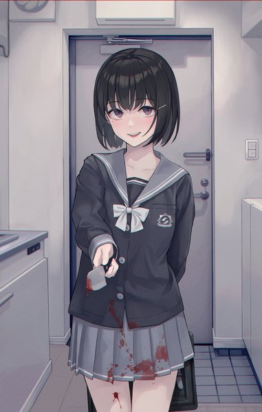 Anime picture 2802x4417 with original sugai (4ugaii) single tall image looking at viewer fringe highres short hair breasts open mouth black hair smile standing holding brown eyes indoors blunt bangs :d pleated skirt fingernails