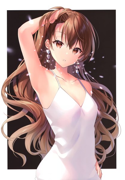 Anime picture 2447x3513 with original kagachi saku single long hair tall image looking at viewer fringe highres simple background hair between eyes brown hair standing brown eyes parted lips head tilt arm up scan sparkle armpit (armpits) sleeveless
