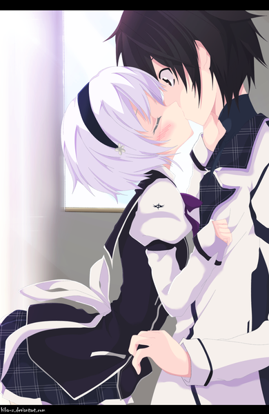 Anime picture 1013x1558 with rakudai kishi no cavalry kurogane ikki kurogane shizuku hiba-z tall image blush fringe short hair black hair signed white hair eyes closed profile black eyes embarrassed looking down kiss surprised girl boy