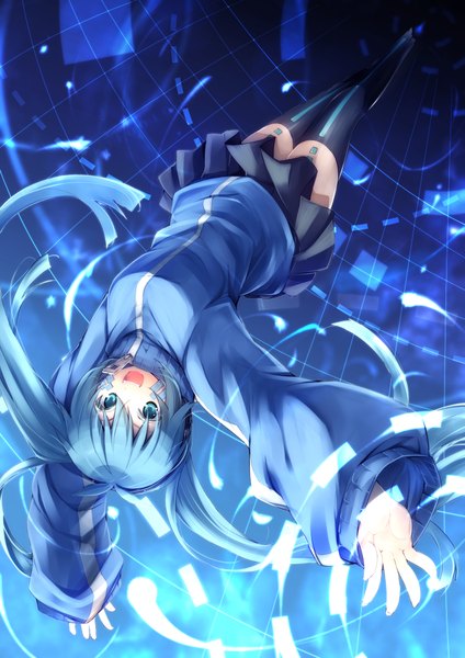 Anime picture 1447x2046 with kagerou project shaft (studio) ene (kagerou project) jijii48 single long hair tall image looking at viewer breasts open mouth blue eyes twintails blue hair pleated skirt happy glow upside down girl skirt miniskirt