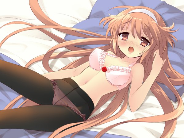 Anime picture 1600x1200 with alice parade miori (alice parade) alice (alice parade) itou noiji single long hair blush open mouth light erotic blonde hair game cg lying eyes closed girl underwear panties pantyhose lingerie bra hairband