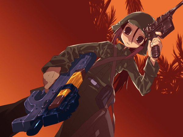 Anime picture 1024x768 with holding dual wielding military soldier uniform gun military uniform helmet pistol submachine gun p90 mauser c96