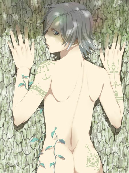 Anime picture 750x1000 with original nayu single tall image short hair blue eyes light erotic profile grey hair back boy plant (plants) tree (trees)