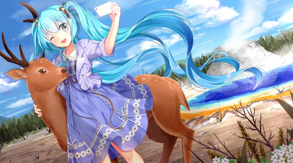 Anime picture 1000x559 with vocaloid hatsune miku mana (418208360) single blush open mouth wide image twintails sky cloud (clouds) very long hair one eye closed aqua eyes wind wink aqua hair self shot girl dress plant (plants)