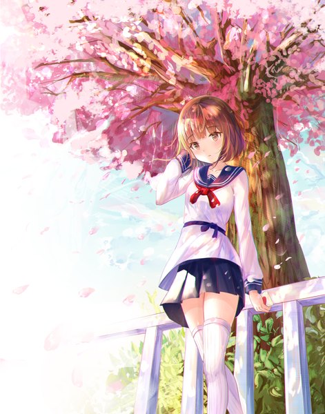 Anime picture 3140x4000 with original smile2007h single tall image looking at viewer blush fringe highres short hair brown hair standing brown eyes absurdres outdoors blunt bangs pleated skirt arm up wind sunlight from below