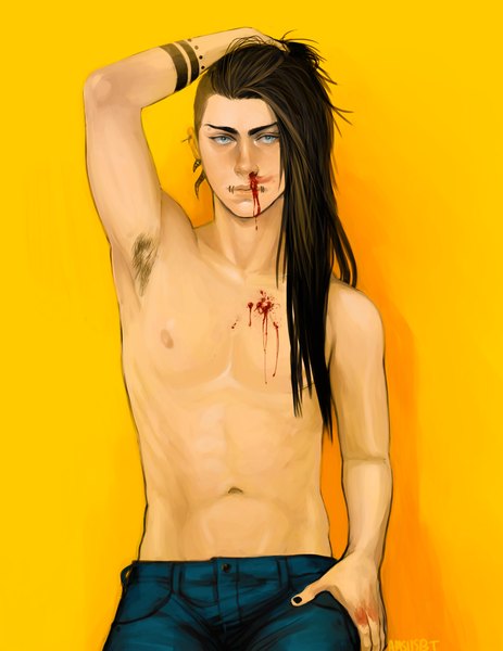 Anime picture 2550x3300 with original amsbt single long hair tall image highres blue eyes simple background brown hair nail polish realistic armpit (armpits) tattoo piercing topless yellow background bald nosebleed boy navel