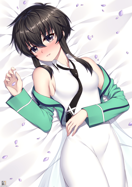Anime picture 842x1190 with mahouka koukou no rettousei kitayama shizuku zerg309 single tall image looking at viewer blush fringe short hair breasts black hair hair between eyes bare shoulders signed payot indoors lying from above black eyes on back