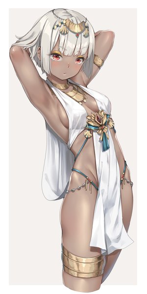 Anime picture 600x1198 with original fangxiang cuoluan single tall image looking at viewer blush fringe short hair breasts light erotic simple background red eyes standing silver hair blunt bangs grey background arms up armpit (armpits) shiny skin sideboob