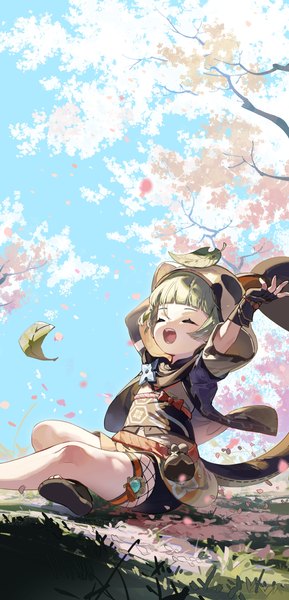 Anime picture 3072x6372 with genshin impact sayu (genshin impact) rafaelaaa single tall image fringe highres short hair sitting absurdres outdoors blunt bangs eyes closed green hair arms up cherry blossoms shaded face ^ ^ ^o^ girl
