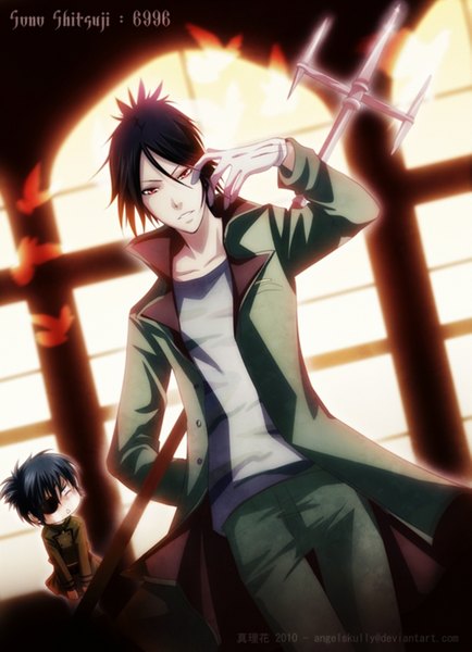 Anime picture 1069x1476 with katekyou hitman reborn kuroshitsuji a-1 pictures square enix sebastian michaelis ciel phantomhive chrome dokuro dino cavallone kuro-mai tall image looking at viewer short hair black hair red eyes eyes closed multiple boys solo focus cosplay butler humor