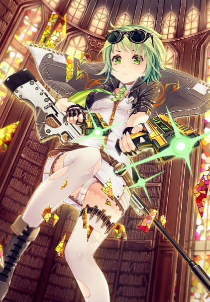 Anime picture 837x1200 with original wait (artist) single tall image looking at viewer short hair light erotic green eyes green hair pantyshot girl thighhighs gloves underwear panties weapon white thighhighs necktie jacket boots