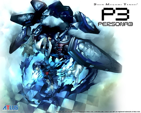 Anime picture 1280x1024 with persona 3 persona arisato minato thanatos (persona) fringe short hair blue eyes inscription grin checkered floor giant boy shirt boots headphones clock hands pocket watch coffin