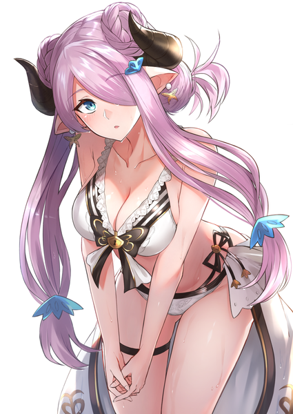 Anime picture 850x1200 with granblue fantasy narmaya (granblue fantasy) narmaya (summer) (granblue fantasy) gen (gen 7254) single long hair tall image looking at viewer blush fringe breasts blue eyes light erotic simple background large breasts white background braid (braids) parted lips head tilt horn (horns)