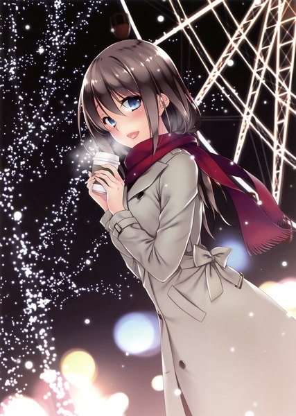 Anime picture 2494x3500 with original ayase hazuki single long hair tall image looking at viewer blush highres open mouth blue eyes black hair outdoors scan night steam girl scarf coat red scarf mug