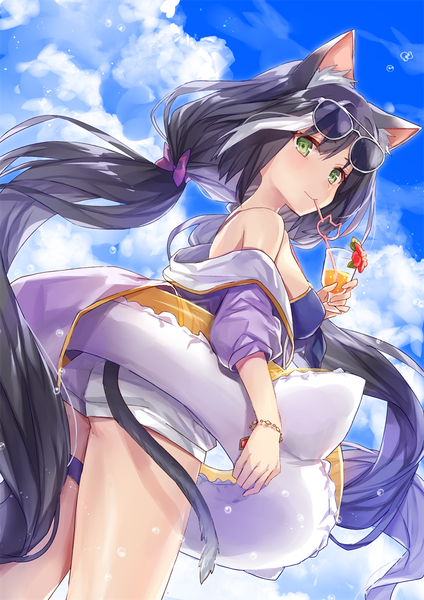 Anime picture 707x1000 with princess connect! re:dive princess connect! karyl (princess connect!) yuzuki karu single tall image looking at viewer blush fringe light erotic black hair hair between eyes standing twintails bare shoulders holding green eyes animal ears sky cloud (clouds)