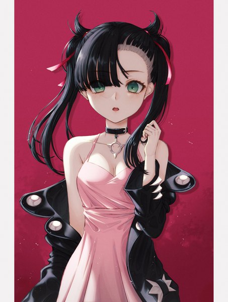 Anime picture 2647x3500 with pokemon pokemon (game) pokemon swsh nintendo marnie (pokemon) yuka865 single long hair tall image looking at viewer blush fringe highres breasts open mouth black hair simple background standing twintails bare shoulders