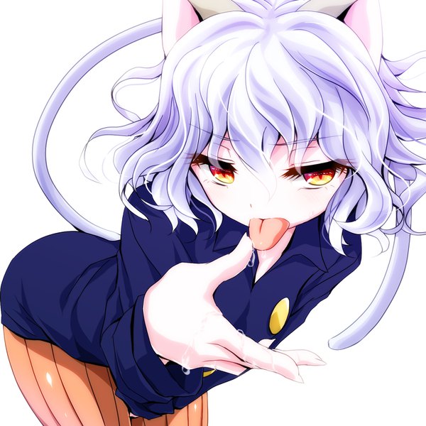 Anime picture 1500x1500 with hunter x hunter neferupito watarui single looking at viewer fringe short hair light erotic simple background hair between eyes standing white background animal ears silver hair tail animal tail cat ears cat girl cat tail orange eyes