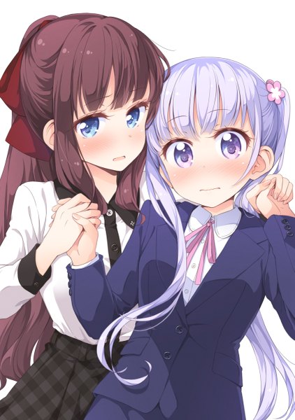 Anime picture 845x1200 with new game! doga kobo suzukaze aoba takimoto hifumi tokunou shoutarou long hair tall image looking at viewer blush fringe breasts open mouth blue eyes simple background brown hair white background purple eyes twintails multiple girls purple hair