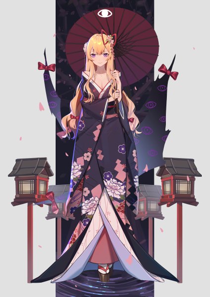 Anime picture 3500x4953 with touhou yakumo yukari xtears kitsune single long hair tall image looking at viewer fringe highres blonde hair smile hair between eyes standing purple eyes bare shoulders holding payot absurdres cleavage full body