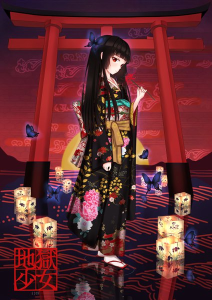 Anime-Bild 1736x2456 mit hell girl studio deen enma ai sion005 single long hair tall image looking at viewer highres black hair red eyes signed traditional clothes japanese clothes copyright name reflection girl flower (flowers) socks kimono