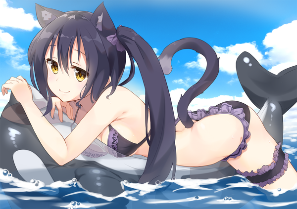 Anime picture 1254x885 with original kutata (artist) single long hair looking at viewer blush fringe breasts light erotic black hair smile hair between eyes animal ears yellow eyes sky cloud (clouds) outdoors tail lying animal tail