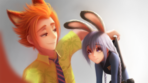 Anime picture 960x540 with zootopia disney judy hopps nick wilde neonil long hair fringe short hair simple background smile wide image purple eyes holding green eyes animal ears payot silver hair upper body tail braid (braids)