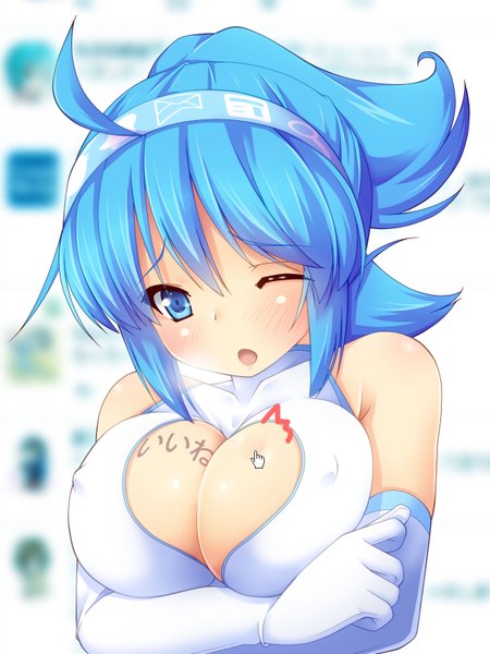 Anime picture 1200x1600 with original yuzuki kei single tall image looking at viewer blush fringe short hair breasts open mouth blue eyes light erotic large breasts bare shoulders blue hair ahoge ponytail one eye closed erect nipples sleeveless