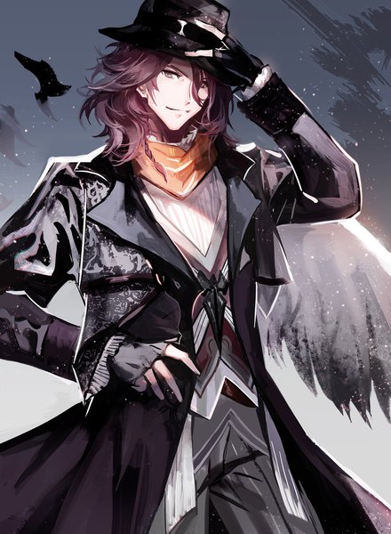 Anime picture 1500x2045 with final fantasy final fantasy xv square enix ardyn izunia juexing (moemoe3345) single tall image looking at viewer short hair smile standing purple eyes purple hair braid (braids) white wings single wing boy gloves bow hair bow