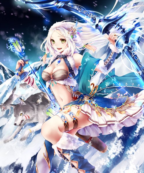 Anime picture 800x960 with kamigoku no valhalla gate haruta (pixiv 1088207) long hair tall image breasts open mouth light erotic smile bare shoulders yellow eyes white hair night bare belly night sky facial mark snowing winter snow mountain exhalation