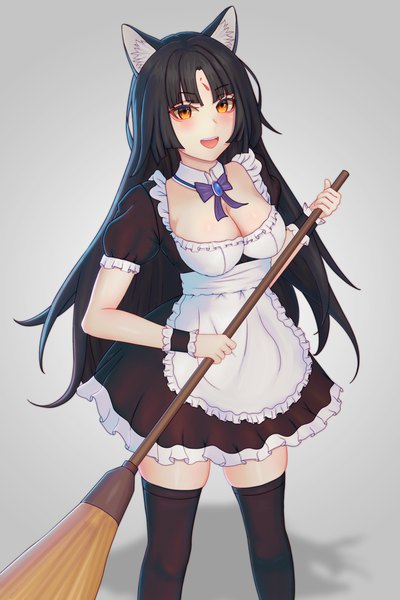 Anime-Bild 2731x4096 mit arknights saga (arknights) absurd fox single long hair tall image looking at viewer blush fringe highres open mouth light erotic black hair simple background smile holding animal ears cleavage :d grey background