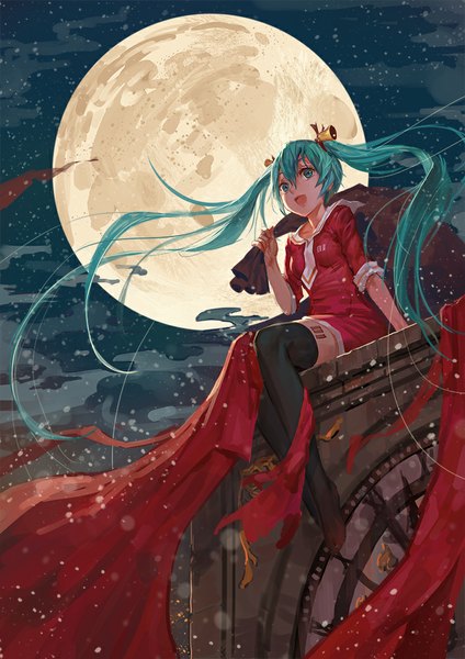 Anime picture 750x1061 with vocaloid hatsune miku cancer (zjcconan) single long hair tall image looking at viewer open mouth blue eyes sitting twintails light smile wind aqua hair night from below tattoo night sky winter girl