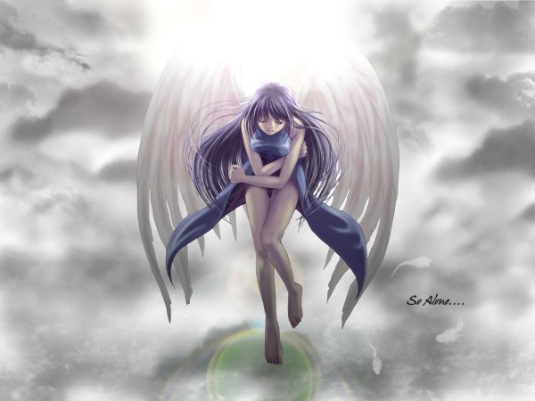 Anime picture 1200x900 with tagme (artist) single long hair open mouth purple hair eyes closed wallpaper angel wings angel girl dress wings feather (feathers)