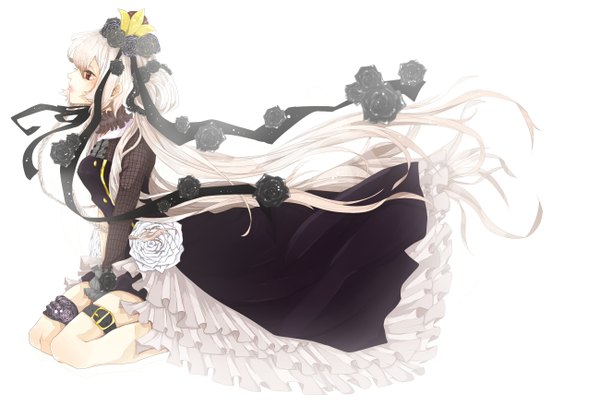 Anime picture 2600x1760 with original morita baltan (artist) single long hair highres simple background red eyes white background white hair girl dress flower (flowers) rose (roses) crown black rose