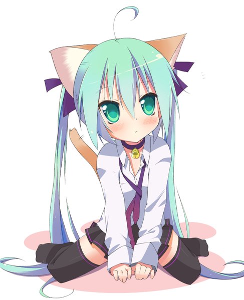 Anime picture 1300x1600 with vocaloid hatsune miku torinannkotsukushi single tall image blush fringe simple background hair between eyes white background sitting twintails animal ears payot looking away ahoge tail long sleeves very long hair head tilt