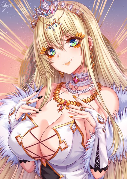Anime picture 1500x2121 with original sakiyamama single long hair tall image looking at viewer blush fringe breasts blue eyes light erotic blonde hair smile hair between eyes large breasts signed payot cleavage upper body nail polish