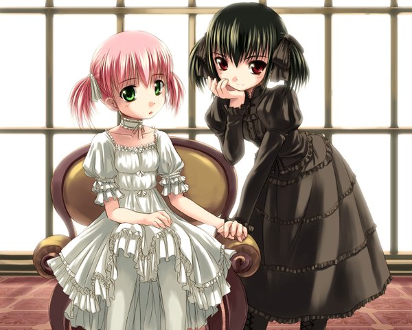 Anime picture 1400x1120 with original yu (bosshi) moe (bosshi) bosshi short hair black hair red eyes twintails green eyes pink hair loli holding hands short twintails girl dress