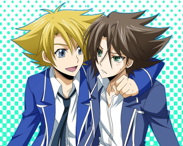 Anime picture 1280x1024 with cardfight!! vanguard miwa taishi kai toshiki blush short hair open mouth blonde hair simple background brown hair purple eyes green eyes multiple boys open collar boy uniform school uniform shirt necktie 2 boys