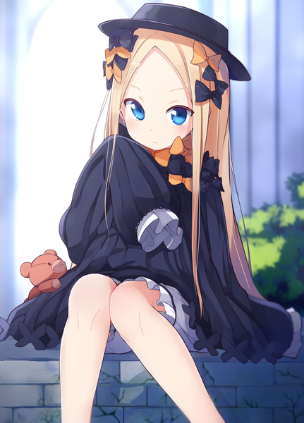 Anime picture 1079x1500 with fate (series) fate/grand order abigail williams (fate) okota mikan single long hair tall image looking at viewer blue eyes blonde hair sitting long sleeves girl bow hair bow hat toy stuffed animal stuffed toy teddy bear