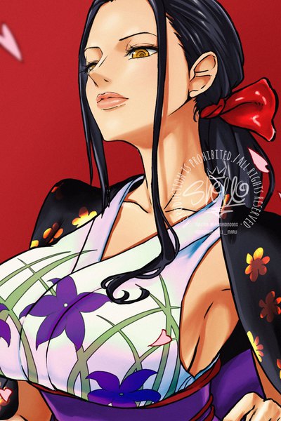 Anime picture 1364x2048 with one piece toei animation nico robin sherumaru (korcht06) single long hair tall image breasts black hair simple background large breasts signed yellow eyes payot upper body traditional clothes japanese clothes lips blurry floral print