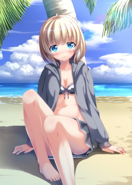 Anime picture 907x1268 with original yoruda single tall image looking at viewer blush short hair blue eyes light erotic blonde hair sky cloud (clouds) beach girl navel swimsuit plant (plants) bikini tree (trees) sea