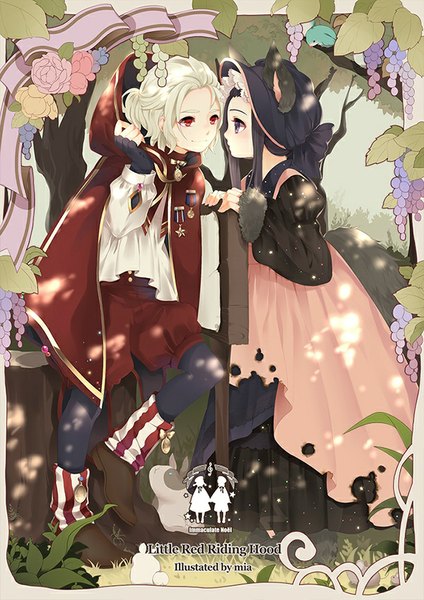 Anime picture 600x849 with little red riding hood little red riding hood (character) big bad wolf mia0309 tall image blush short hair black hair blonde hair smile red eyes purple eyes bent knee (knees) profile eyebrows personification girl boy flower (flowers) plant (plants)