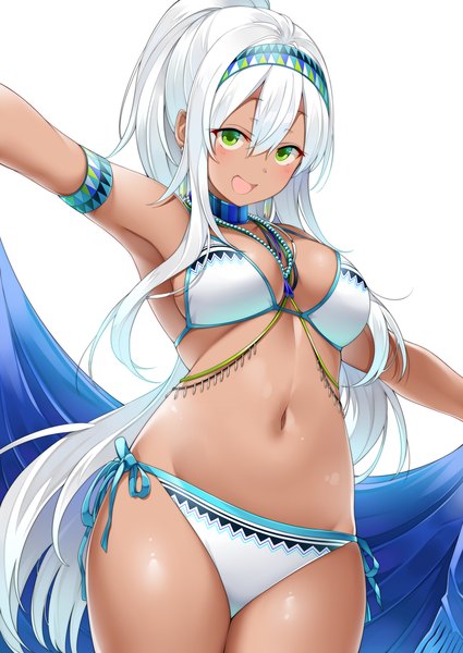Anime picture 2507x3541 with original suruga (xsurugax) single long hair tall image looking at viewer blush fringe highres breasts open mouth light erotic hair between eyes standing white background holding green eyes payot white hair ponytail