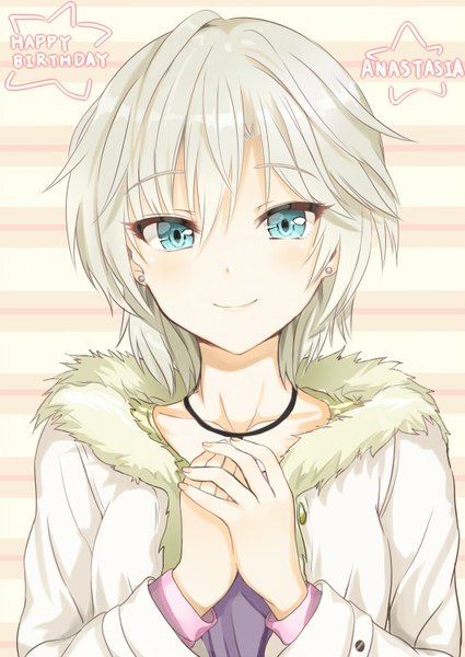 Anime picture 1062x1500 with idolmaster idolmaster cinderella girls anastasia (idolmaster) arudehido single tall image looking at viewer blush fringe short hair blue eyes smile silver hair upper body open jacket character names hand on chest striped happy birthday striped background