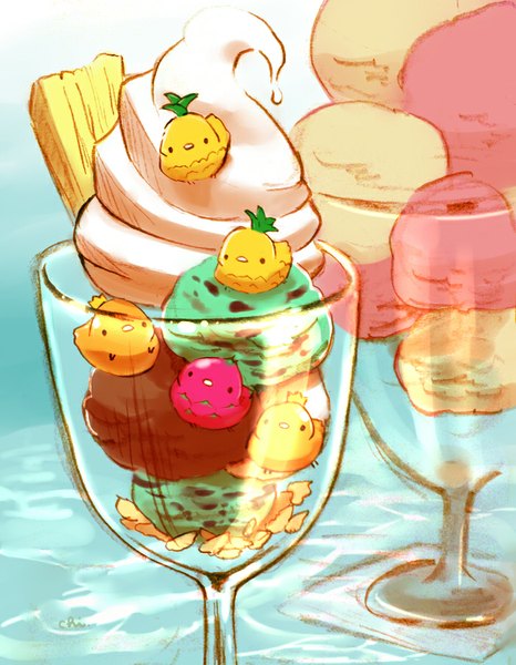 Аниме картинка 700x900 с оригинальное изображение chai (artist) высокое изображение смотрит на зрителя подписанный без людей животное еда сладости птица (птицы) мороженое стакан