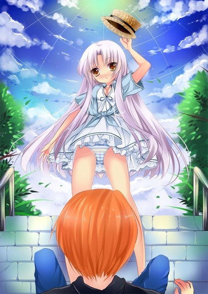 Anime picture 1061x1500 with angel beats! key (studio) tachibana kanade otonashi yuzuru usagihime long hair tall image light erotic yellow eyes white hair orange hair cameltoe girl dress boy underwear panties stairs