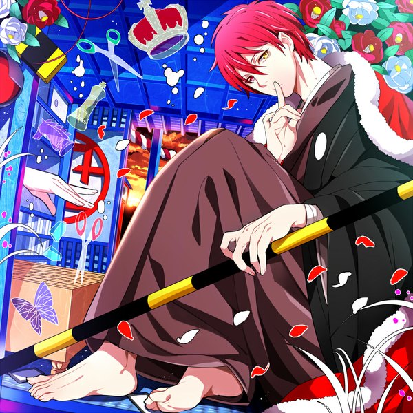 Anime picture 1000x1000 with kuroko no basket production i.g akashi seijuurou yuna (rutera) single looking at viewer fringe short hair sitting holding yellow eyes sky cloud (clouds) red hair traditional clothes japanese clothes pink eyes barefoot from below heterochromia