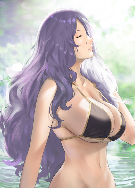 Anime picture 2646x3679 with fire emblem fire emblem fates nintendo camilla (fire emblem) j@ck single long hair tall image fringe highres breasts light erotic hair between eyes large breasts cleavage purple hair upper body outdoors eyes closed parted lips
