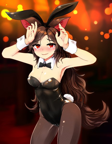 Anime picture 2800x3600 with touhou imaizumi kagerou nama shirasu single long hair tall image blush highres breasts open mouth light erotic red eyes brown hair large breasts animal ears tail nail polish animal tail arms up bunny ears